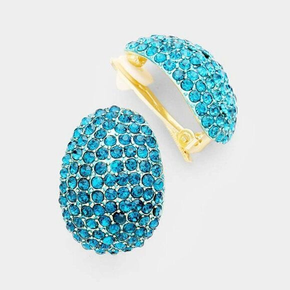Blue Oval Crystal Embellished Clip on Earrings - Picture 1 of 5